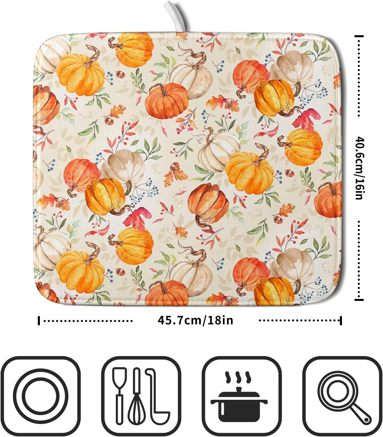 Autumn Fall Dish Drying Mat for Kitchen Counter Watercolor Pumpkin Maple Leaves Drying Mat 16 x 18 Inch with Absorbent Reversible Microfiber Dish Drying Pad Dish Rack Drainer Mat for Coffee Bar