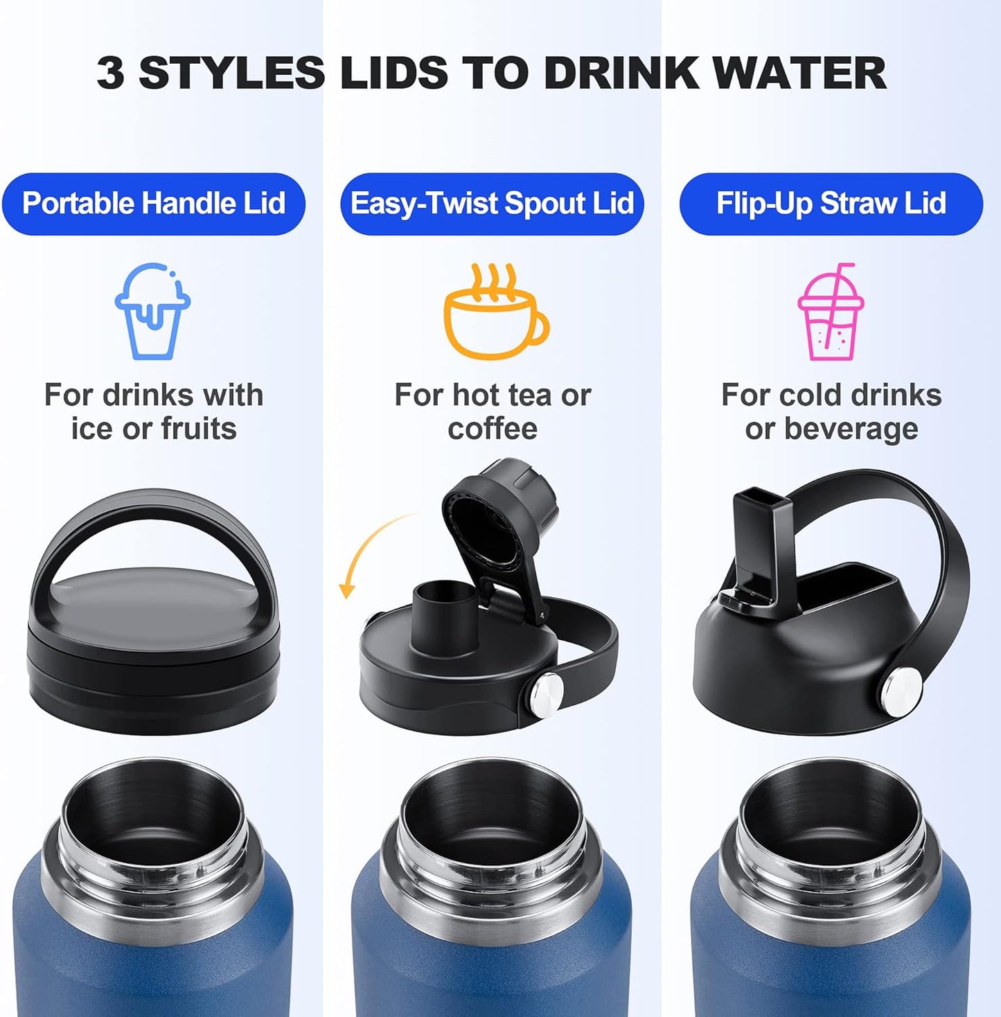 HYDROWION Insulated Water Bottle, 32oz Water Bottle with Straw Lid, Double Walled Leak Proof 32oz Vacuum Bottle (Cold for 48 Hrs,Hot for 24 Hrs) Fit in Any Car Cupholder, White&Black