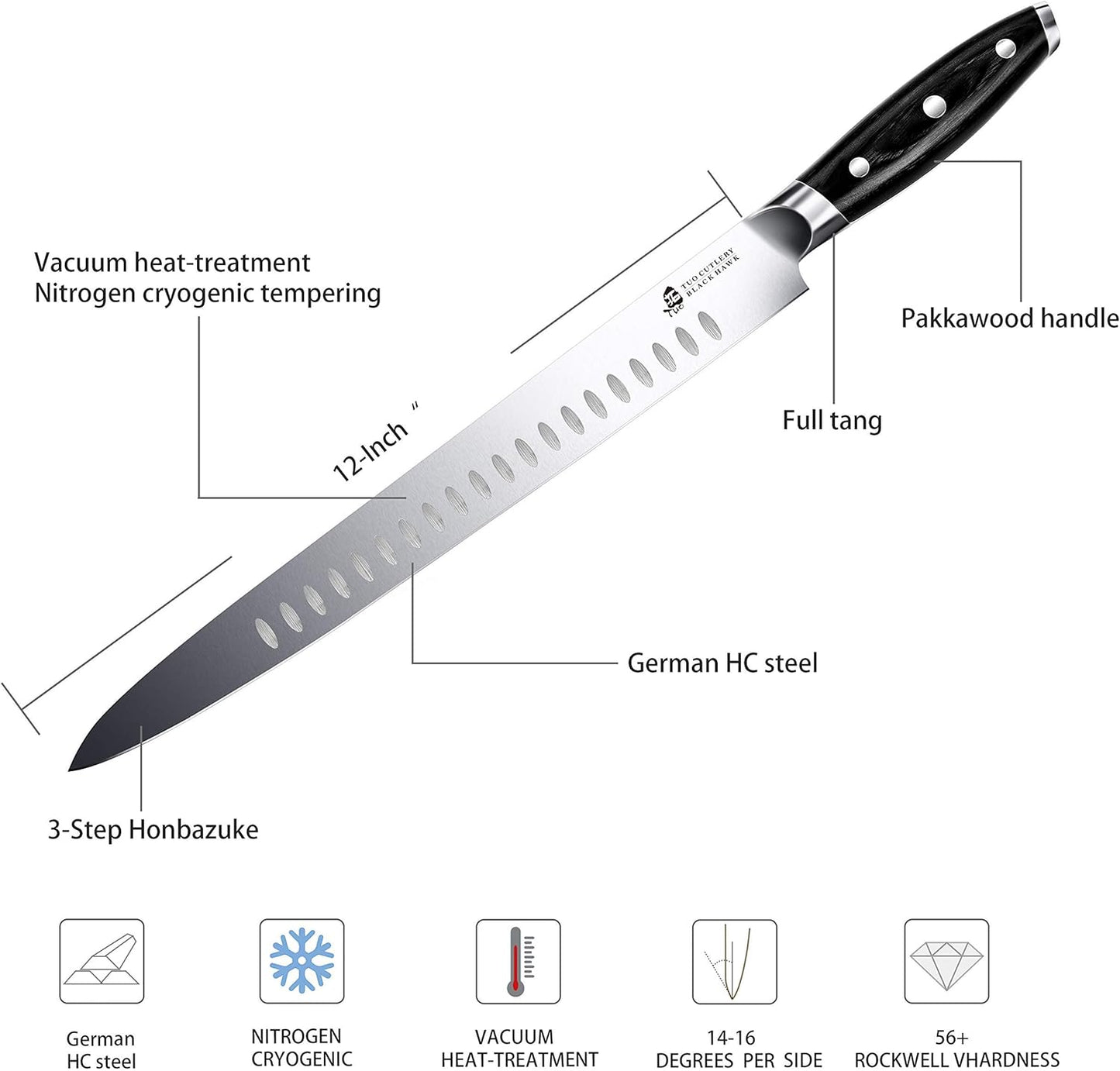 TUO Carving Knife - 12 Inch Brisket Carving Knife for Meat and Turkey - High Carbon German Steel - Pakkawood Handle with Gift Box - BLACK HAWK SERIES