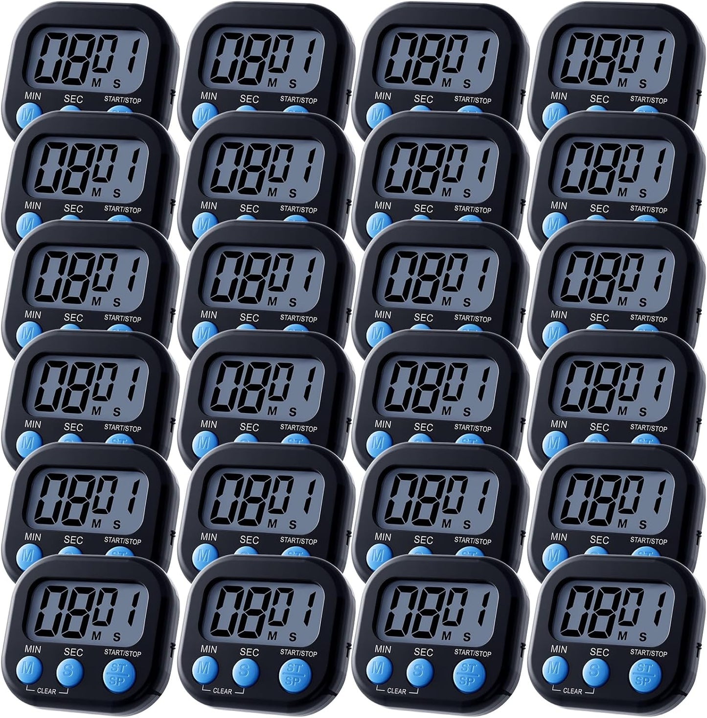 Leumoi 24 Pcs Digital Kitchen Timers Magnetic Back Timers Bulk Large Screen Loud Alarm On/Off Switch Minute Second Count up Countdown Memory Setting for Cooking Classroom Exercise(Black and Blue)