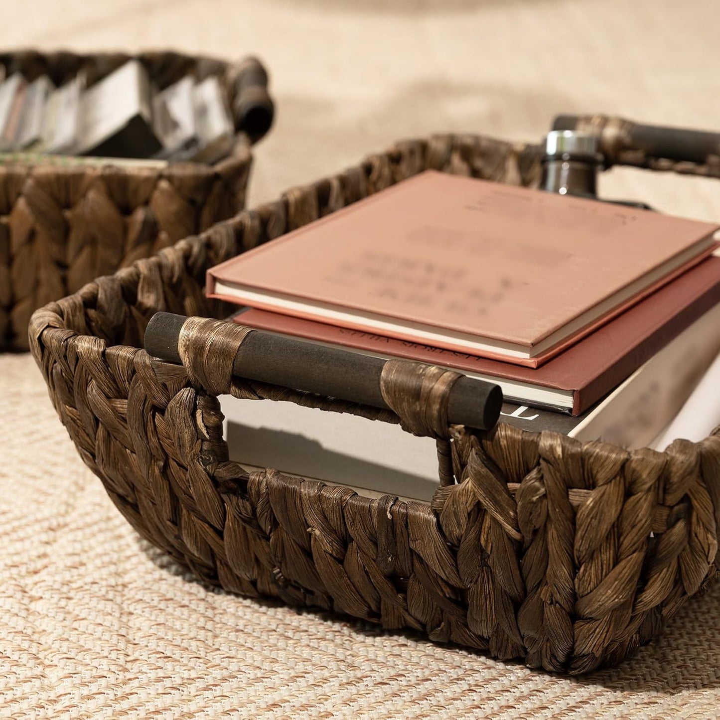 StorageWorks Wicker Baskets for Organizing, Woven Basket with Wooden Handles, Wicker Storage Baskets for Bathroom, Brown, 2-Pack