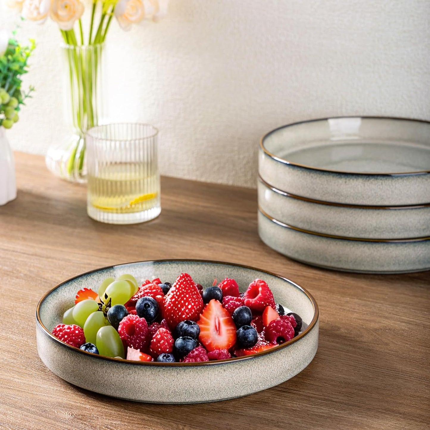 GBHOME 9'' Large Ceramic Pasta Bowls, 32oz Stoneware Pasta Serving Bowls Set of 4 for Kitchen, Wide Bowls for Fruit,Pasta,Salad,Oatmeal,Meal, Microwave Safe, Reactive Glaze-Green Wheat