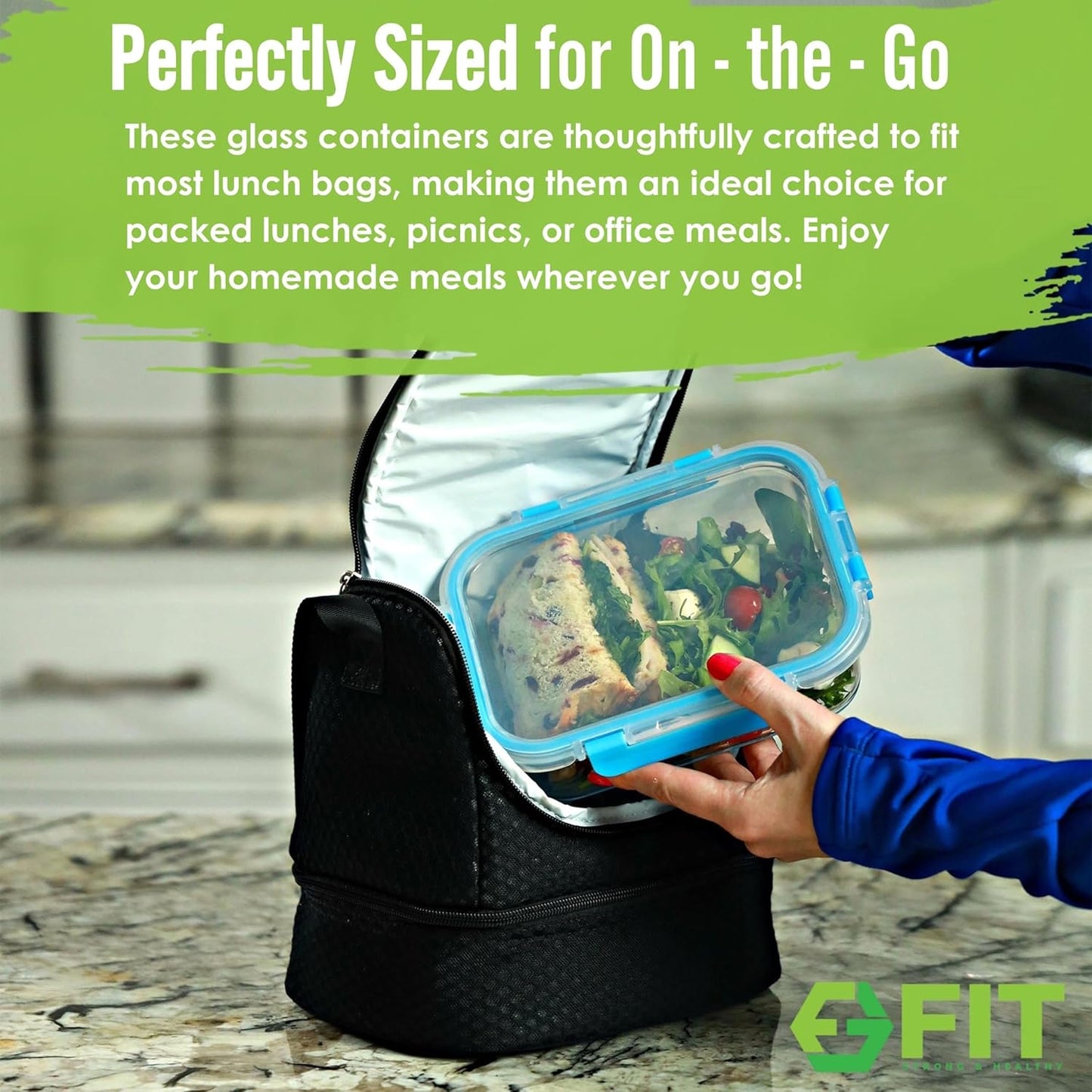 FIT Strong & Healthy Glass Meal Prep Containers with Lids, 1 & 2 & 3 Compartments – Portion Control Containers, Glass Lunch Box, Food Storage, Leak-Proof, Oven & Freezer Safe, 35 oz, Blue, 3 Pack