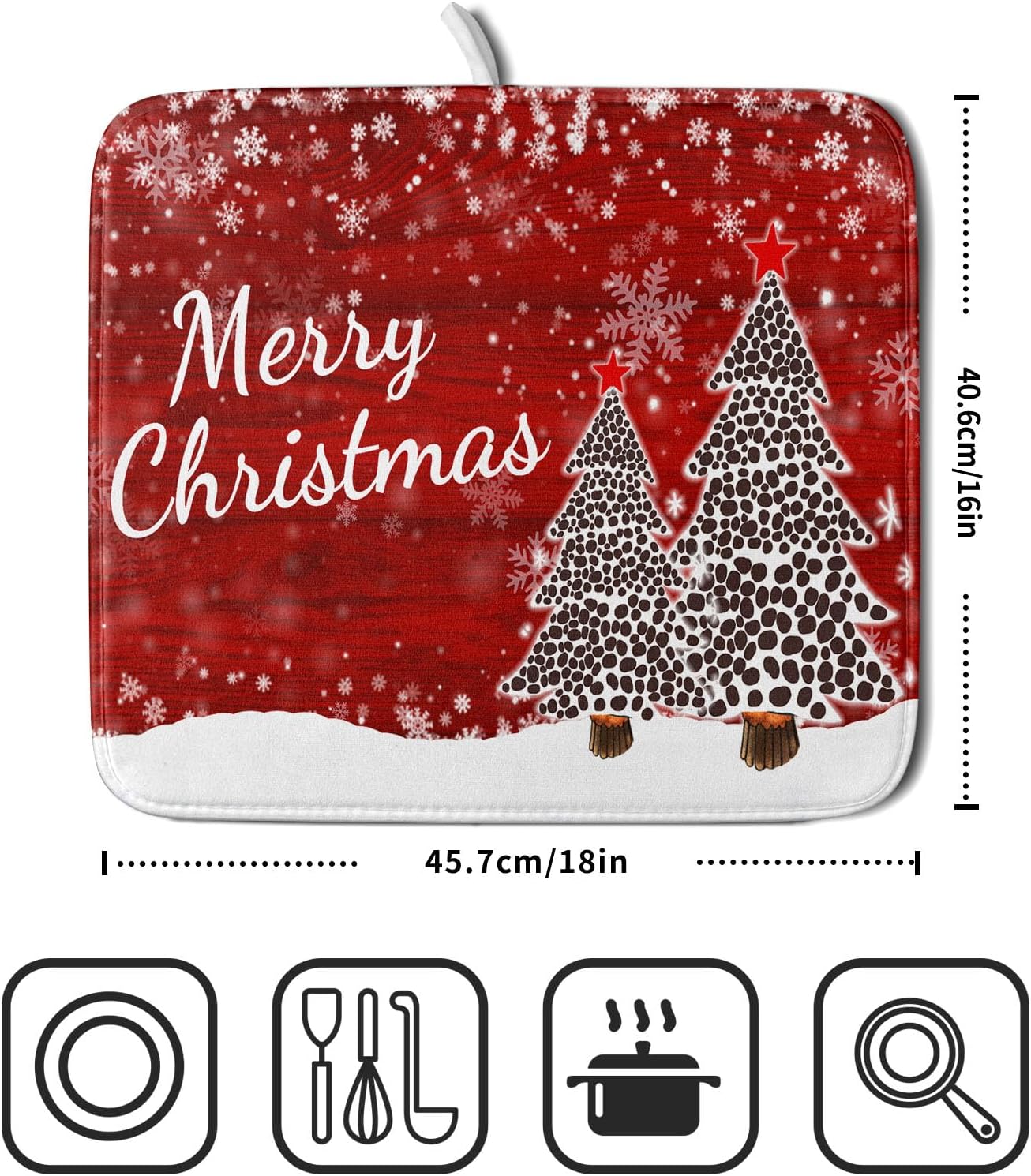 Merry Christmas Tree Red Dish Drying Mat for Kitchen Counter,Winter Snowflake Pine Drying Mat 16 x 18 Inch with Absorbent Reversible Microfiber Dish Drying Pad for Coffee Bar