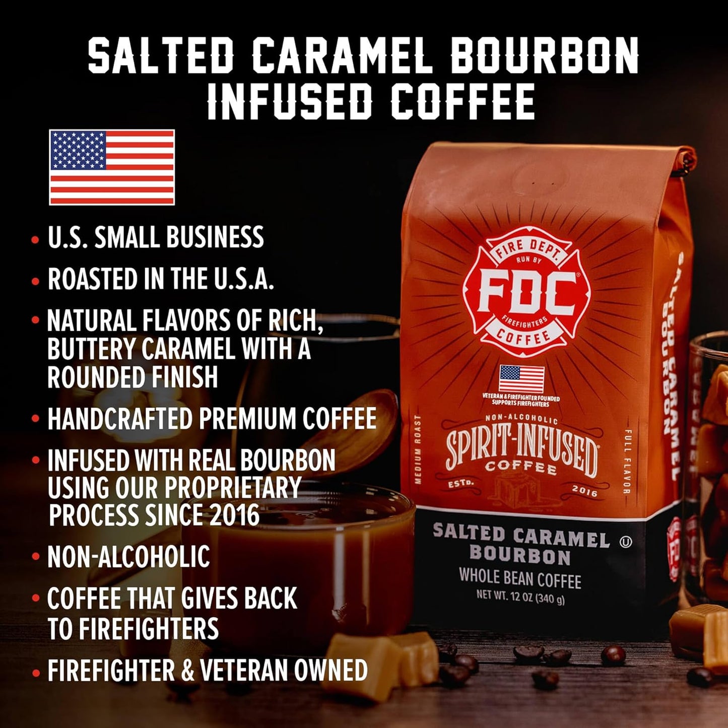 Fire Department Coffee - Salted Caramel Bourbon Coffee - Veteran Owned - Premium Bourbon Infused - Ground Medium Roast - Non-Alcoholic - Roasted in the USA - Veteran Owned (12 oz, Pack of 2)