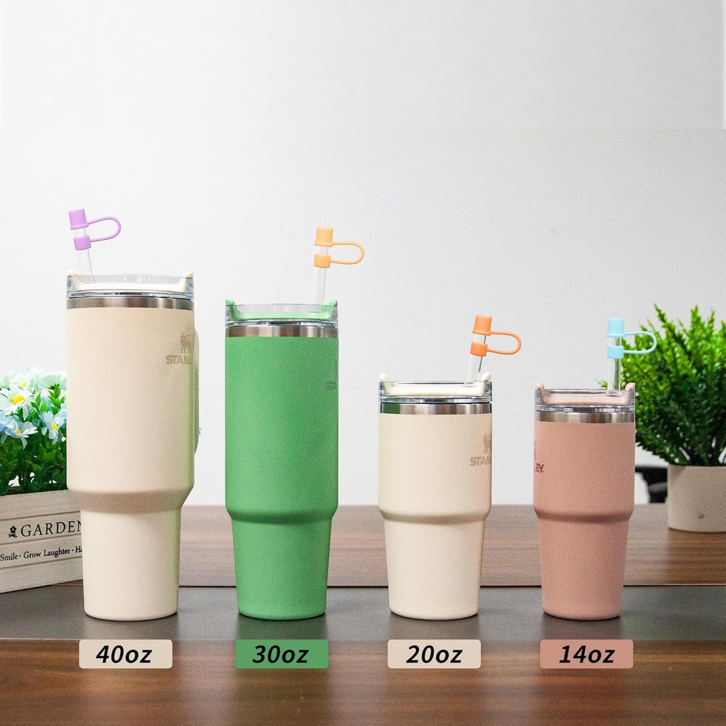 Straw Toppers for Stanley, Straw Cover Caps for 10mm/0.39inch diameter straws 30OZ/40OZ Stanley Tumblers, Food Grade Silicone. (5pcs-Basics-Green)