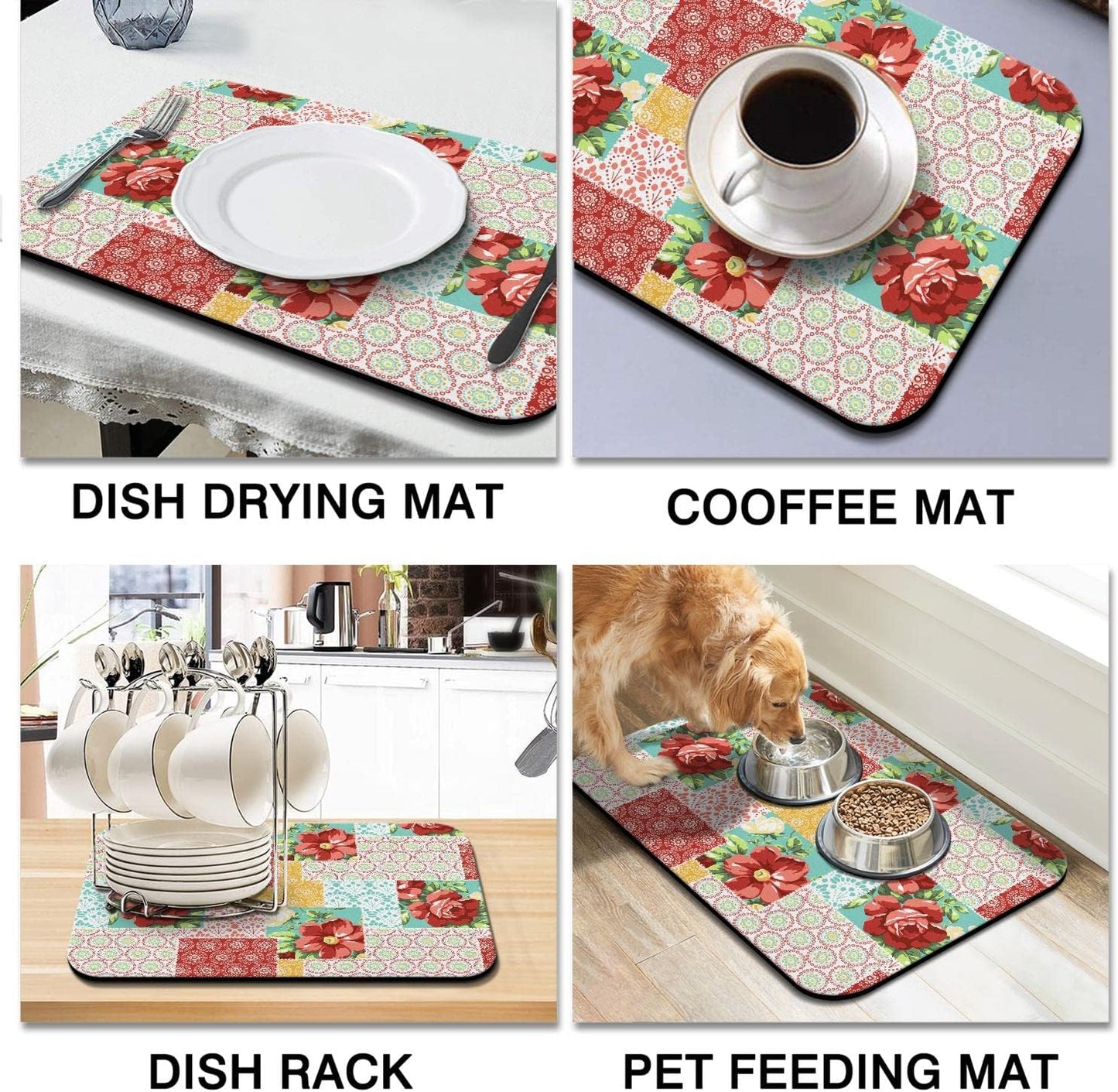 Rubber Dish Drying Mat for Kitchen Counter Large Boho Flowers Washable Quick Home Coffee Pad Fit Under Sink,Bar,Utensils 18x24in