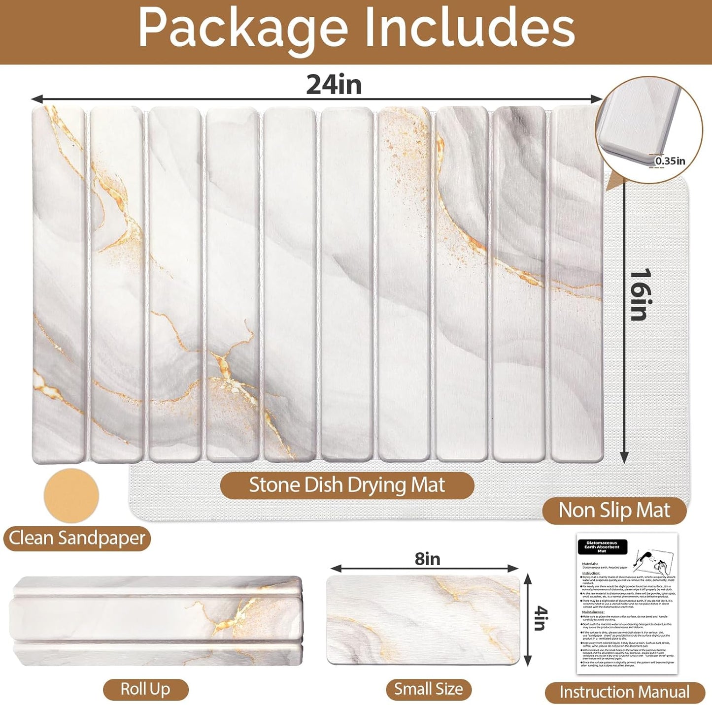 Large Stone Dish Drying Mat for Kitchen Counter,Quick Dry Stone Dishes Mats,Marbled Water Absorbing Diatomaceous Earth Drying Pad for Countertop Bottles Utensils Cups(Yellow White 24"x16"&8"x4")