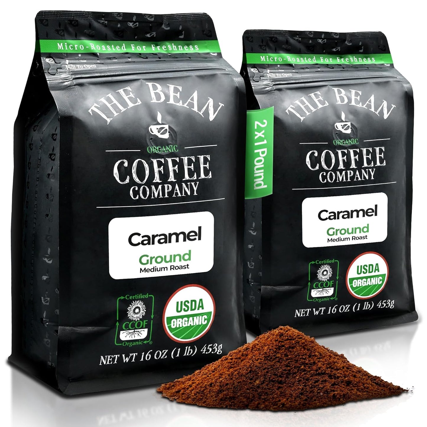The Bean Organic Coffee Company Caramel, Medium Roast, Ground Coffee, 16-Ounce Bags (Pack of 2), Café molido tostado orgánico