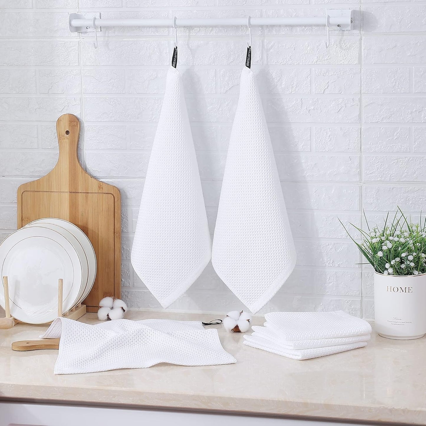 Kitinjoy 100% Cotton Kitchen Dish Cloths, 8 Pack Waffle Weave Ultra Soft Absorbent Dish Towels for Drying Dishes Quick Drying Kitchen Towels Dish Rags, 12 X 12Inch, White