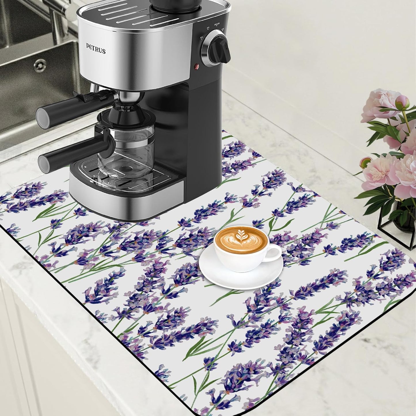 Dish Drying Mat Lavender Flowers Coffee Bar Mat for Countertop Absorbent Rubber Backed Hide Stain Dish Drainer Rack Pad Coffee Maker Espresso Machine Dining Room Decoration 15.7 x 23.6 Inch