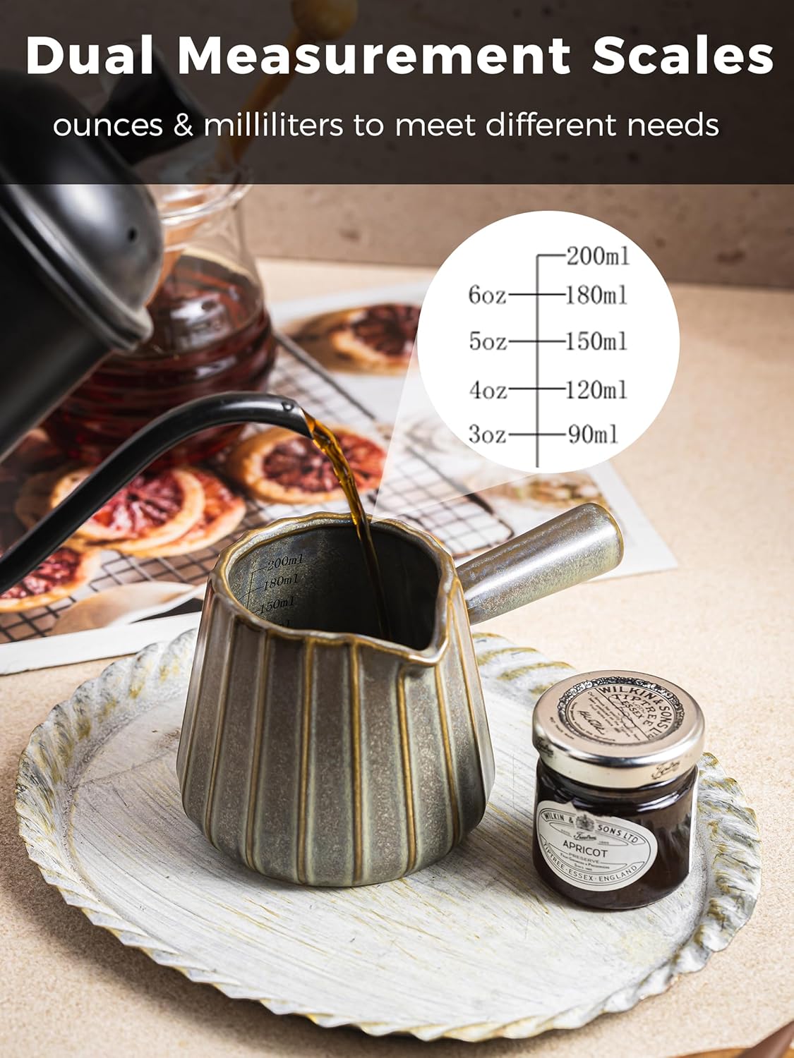 Espresso Cups Ceramic, 200ML Espresso Measuring Cup with Spout, Expresso Shots Cups with Handle, Espresso Accessories, Dark Green