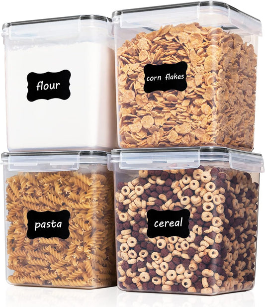Vtopmart Food Storage Containers 4.3L / 145.4oz, 4 Pieces BPA Free Plastic Airtight Canister for Flour, Sugar, Baking Supplies, with 4 Measuring Cups and 24 Labels, Black