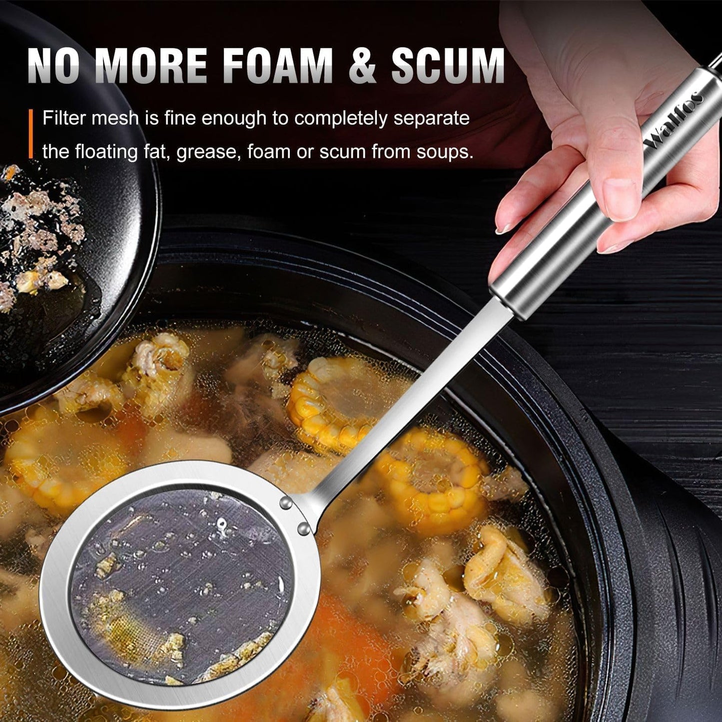 Walfos Fine Mesh Strainer and Fat Skimmer Spoon Set, Multipurpose Metal Strainers for Kitchen, Rice, Quinoa, Food, 304 Stainless Steel Fat Skimmer For Cooking, Fat, Grease, Floating Foam, 5 Pack