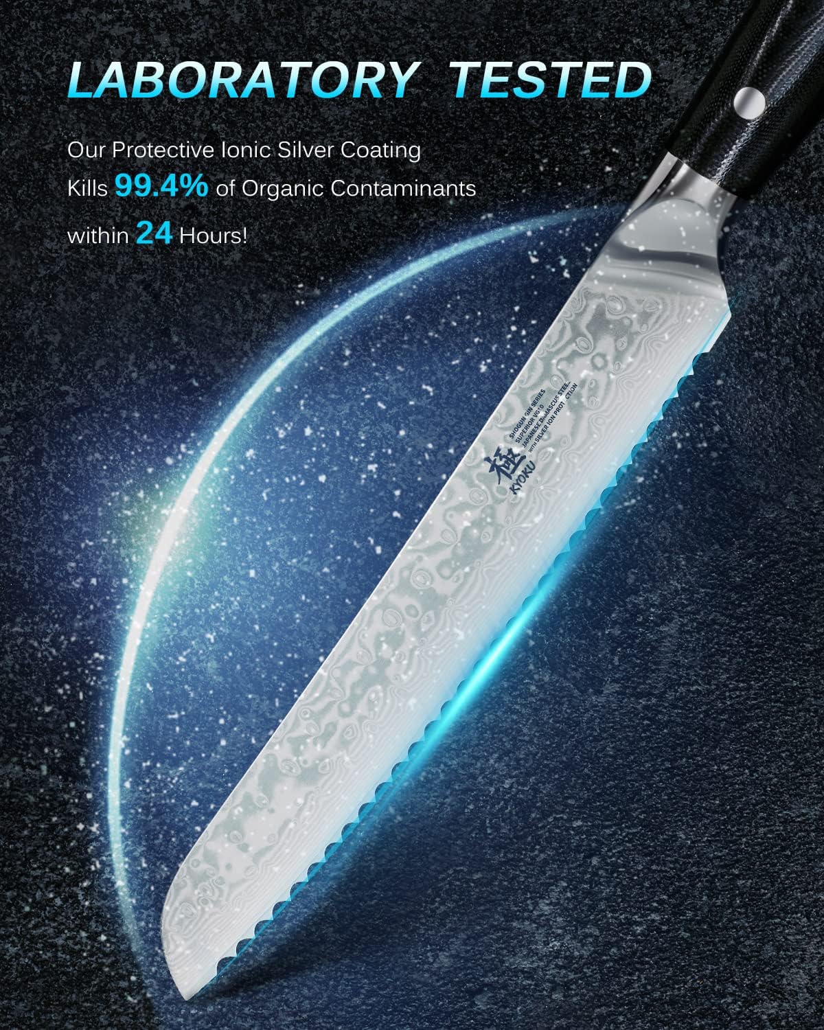 KYOKU 8" Serrated Bread Knife - Gin Series - VG10 Damascus Japanese Steel Kitchen Knife with Silver Ion Blade G10 Handle Mosaic Pin, Professional Razor-Sharp Bread Cutting Slicing