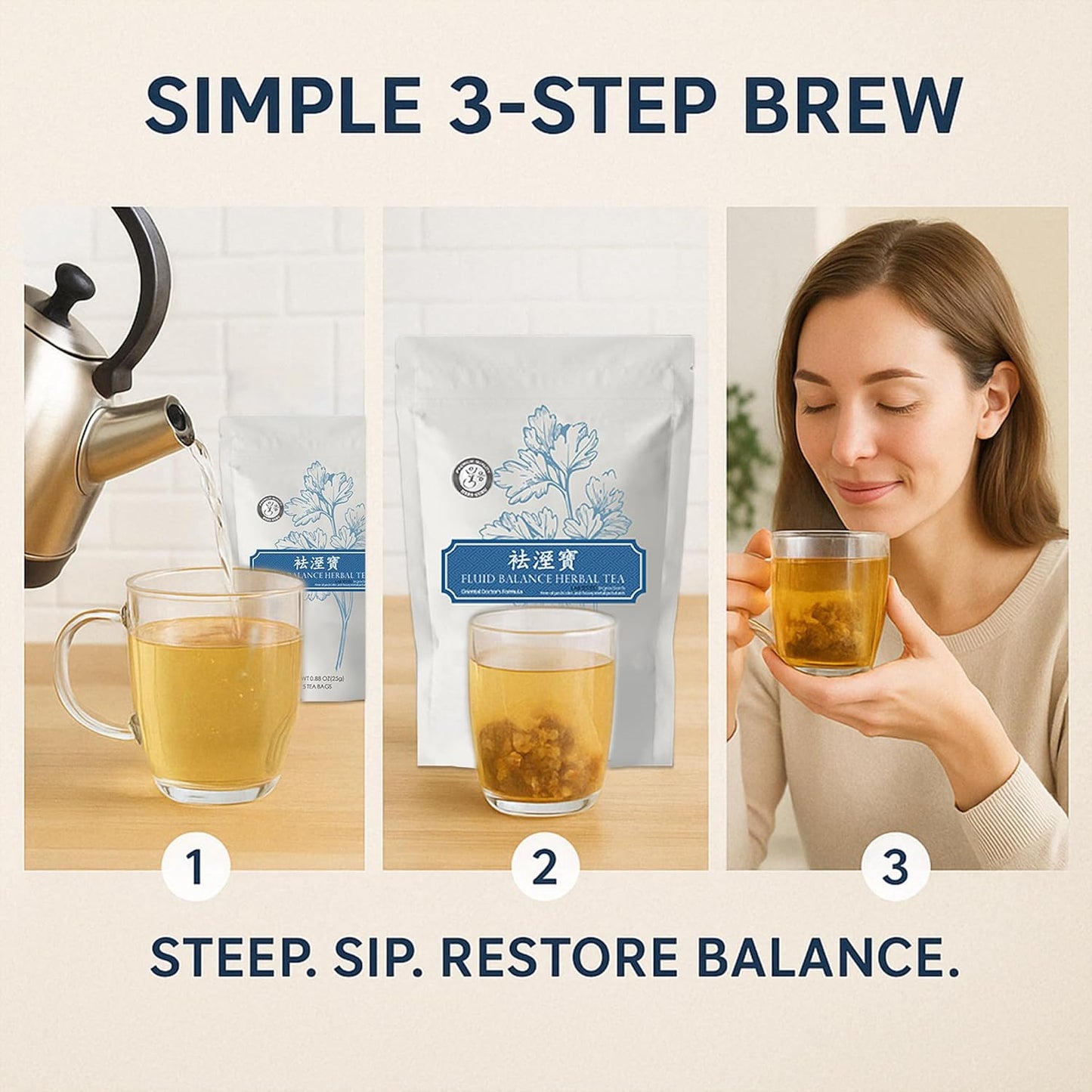 Herb Guru Fluid Balance Herbal Tea Bags – Healthy Fluid Metabolism & Digestive Balance with Atractylodes, Poria, Citrus Peel – Caffeine Free Tea, 0.88 Ounces
