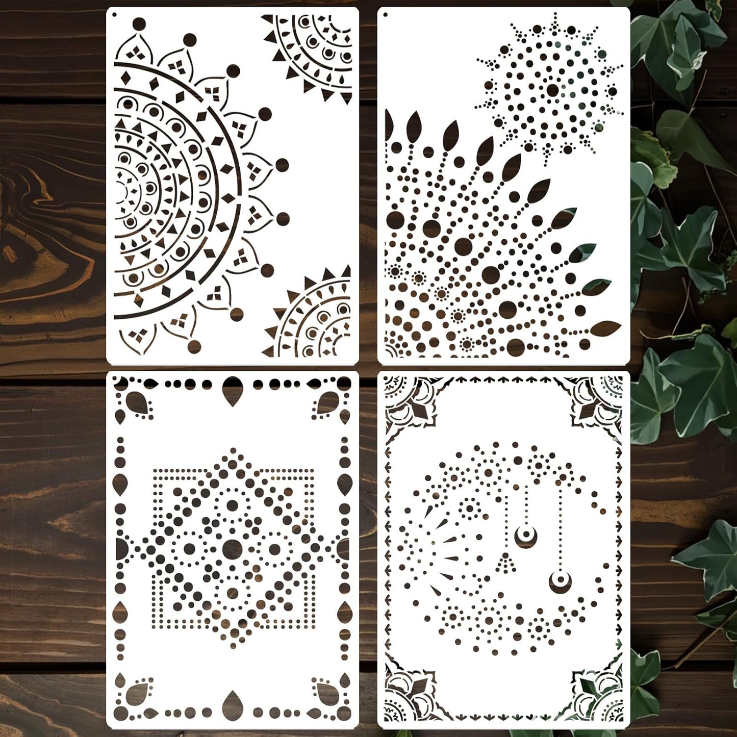 A4 Mandala 4 Pack 11x8'' Mandala Stencils for Painting on Wood, Floor, Wall, Tile Fabric, Reusable Furniture Stencils Painting Template