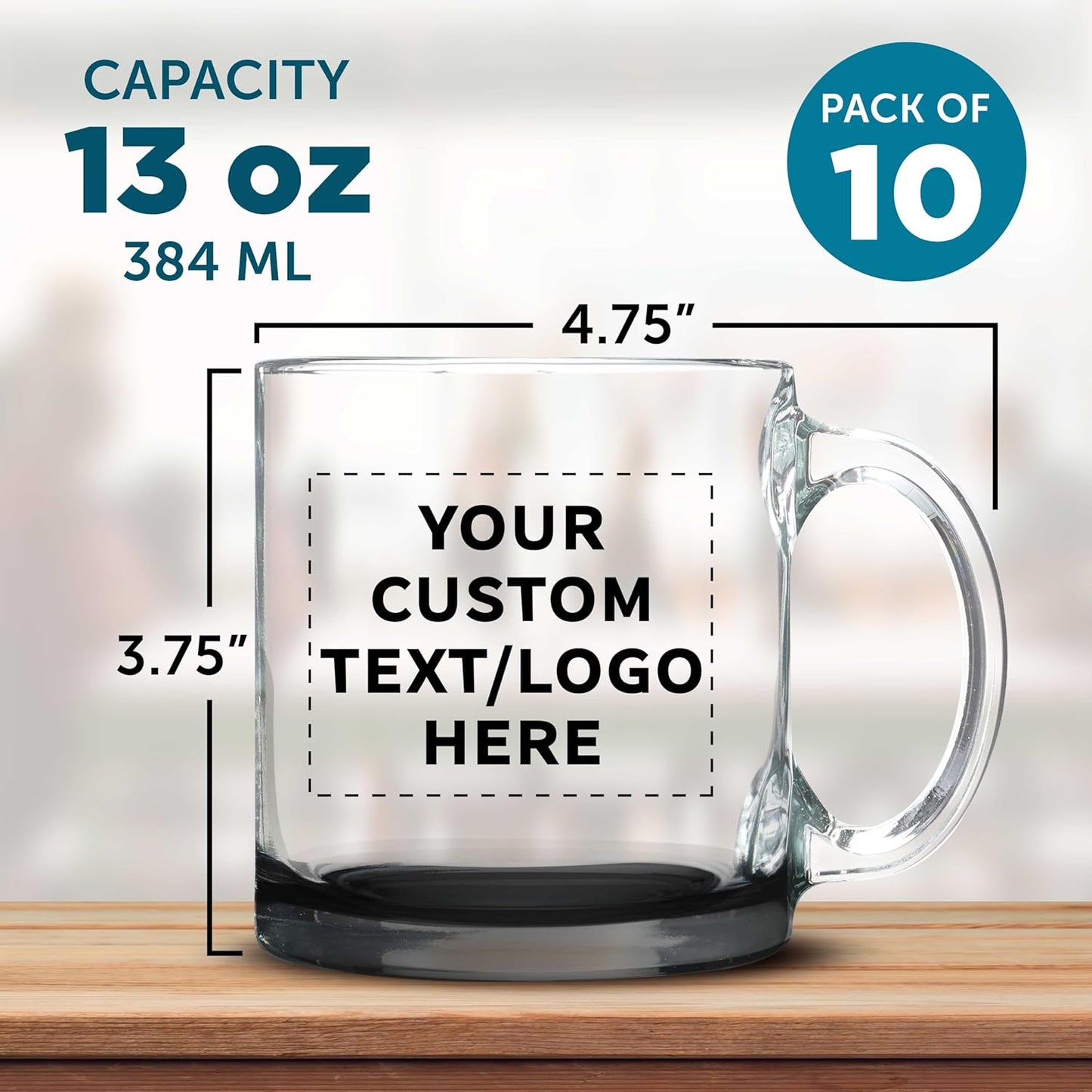 Custom Libbey Clear Glass Coffee Mugs 13 oz. Set of 10, Personalized Bulk Pack - Perfect for Coffee, Tea, Espresso, Hot Cocoa, Other Beverages - Black Bottom