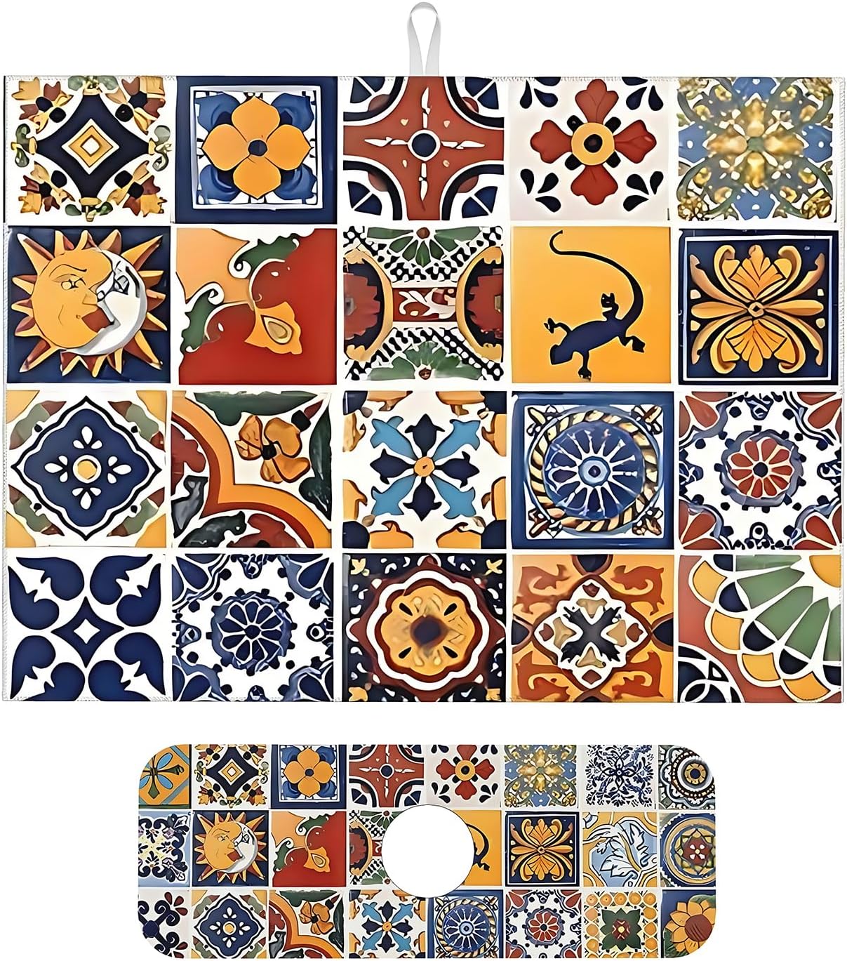 2Pcs Dish Drying Mats Faucet Mats Sets Large Size Coffee Mats Sink Faucet Mat Splash Guard for Kitchen Counter Bathroom Sink Coffee Bar Kitchen Decor (Retro Boho, 18"x24" 15" x 5.5"Set)