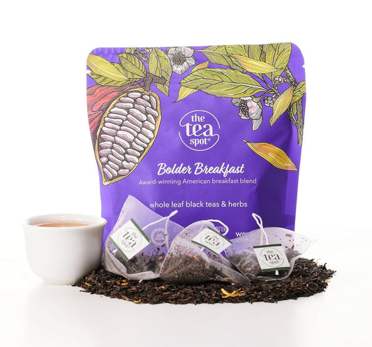 The Tea Spot Bolder Breakfast Tea with Dark Chocolate Flavoring | Blend of Black Tea, Pu’erh Tea, Calendula Flowers, Sunflower Petals, and Chocolate Flavoring | 15 Tea Bags