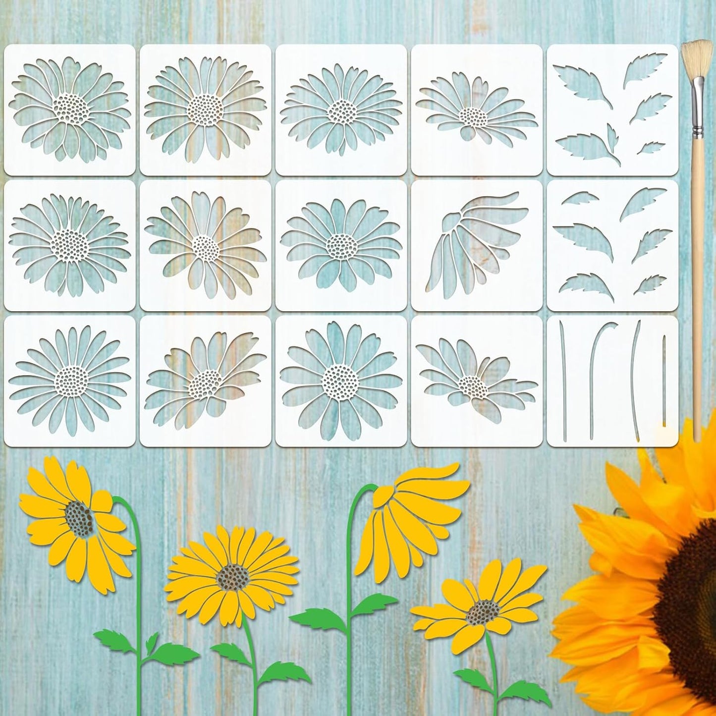 15PCS Large Flower Stencils for Wood Fence 12 x 12 Inch Sunflower Stencil with Brushes Reusable Floral Wall Stencil Sunflower Stencils for Painting on Walls Furniture Garden Fabrics