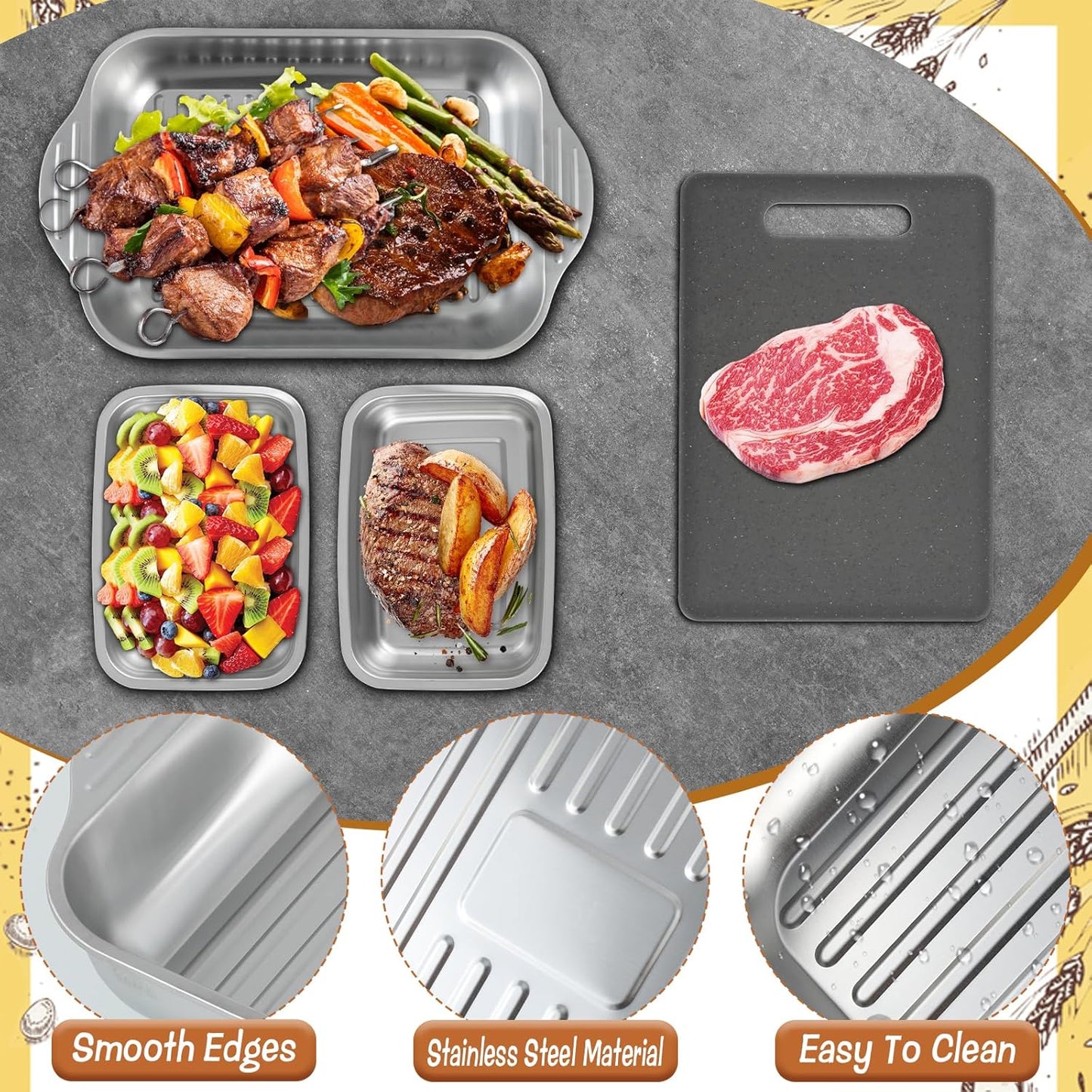 4 Pcs Grill Prep Trays Set Stainless Steel Grilling Prep And Serve Trays 2 Marinade Container with Lids and Cutting Board for Vegetables, Fish, Plating Food & BBQ Prep Tub