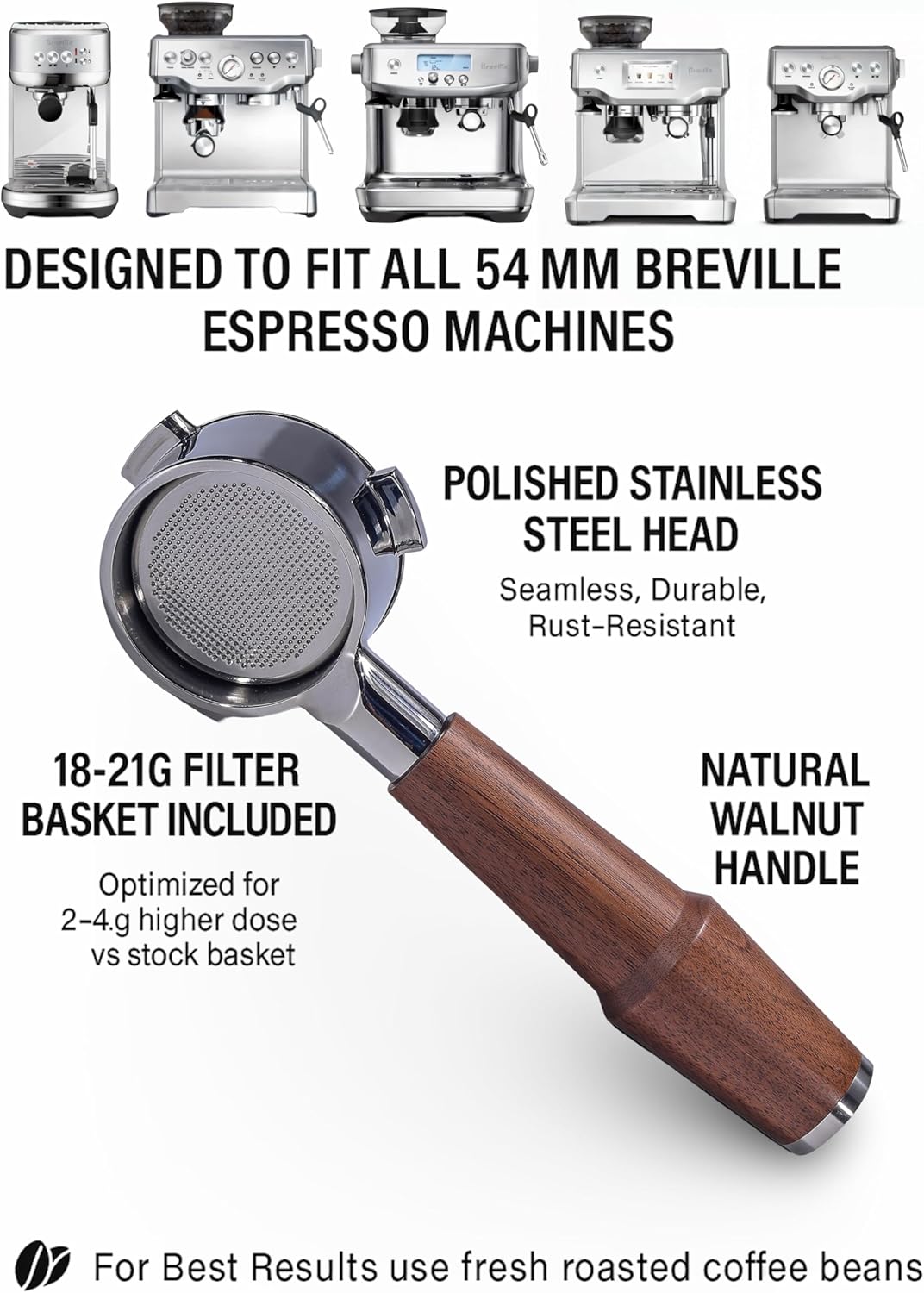 Walnut Naked Portafilter 54mm for Breville Barista Express, Pro, Touch, Bambino Plus | Premium Bottomless Portafilter | Fits BES870XL, BES878, BES880 | Includes 18–21g Filter Basket