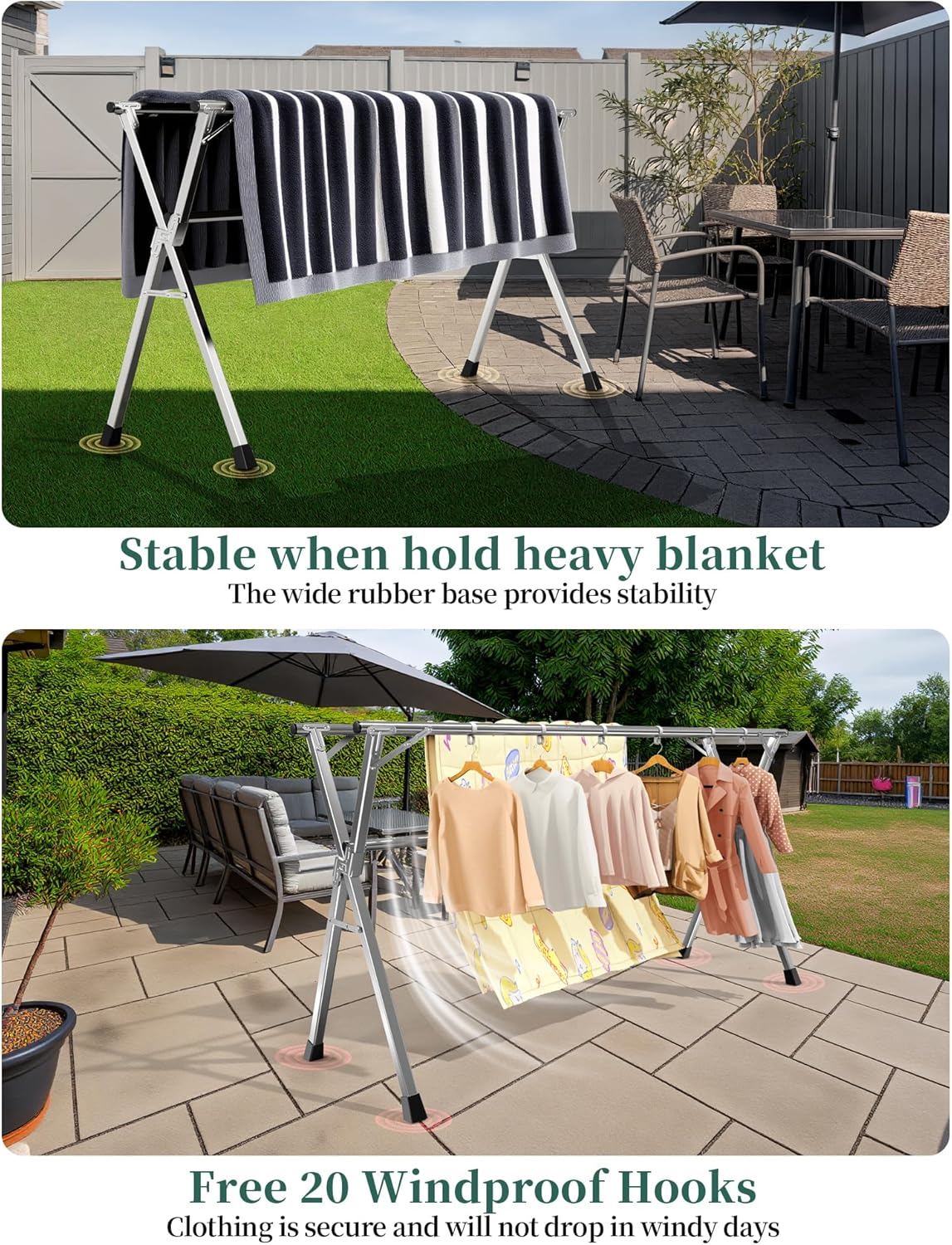 63 Inches Heavy - Duty Stainless Steel Folding Clothes Drying Rack Indoor Outdoor Anti-Rust 20 Windproof Hooks Portable & Foldable Laundry Rack (63'')