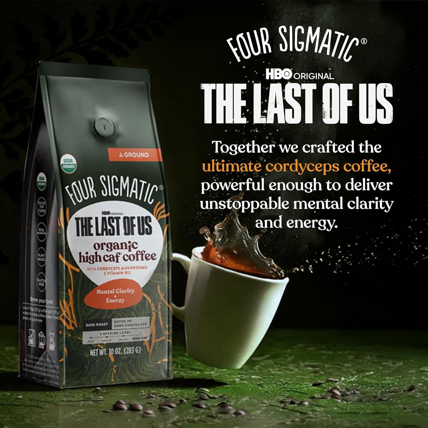 Four Sigmatic The Last of Us High Caffeine Cordyceps Coffee | Organic Dark Roast Extra Strong Ground Coffee with L-Theanine | Energy Booster Without the Jitters | 10oz Bag