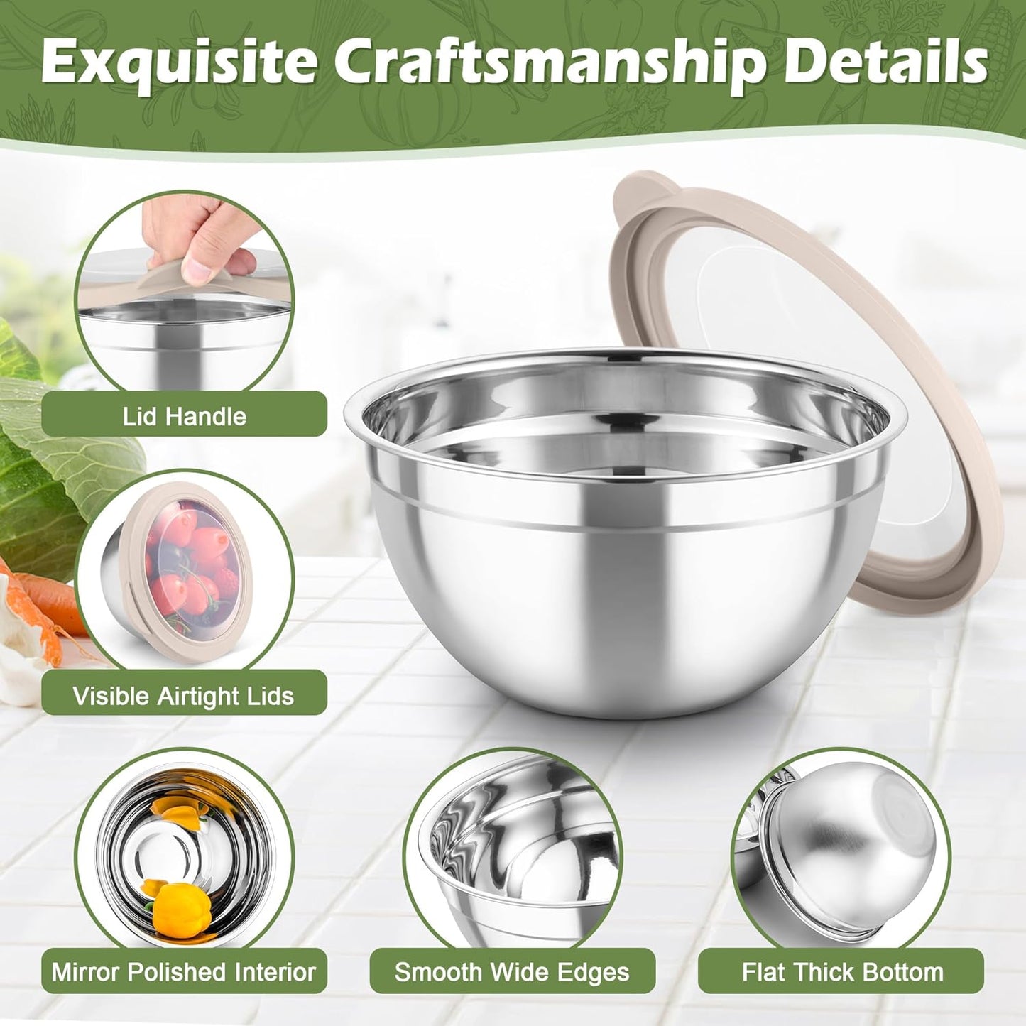 TeamFar Mixing Bowls, 3PCS Stainless Steel Serving Salad Bowls with Lids & 3 Graters, For Kitchen Mixing/Baking/Storing/Prepping, Visible & Airtight, Easy Clean - 4.5/3 / 1.5 QT, Khaki