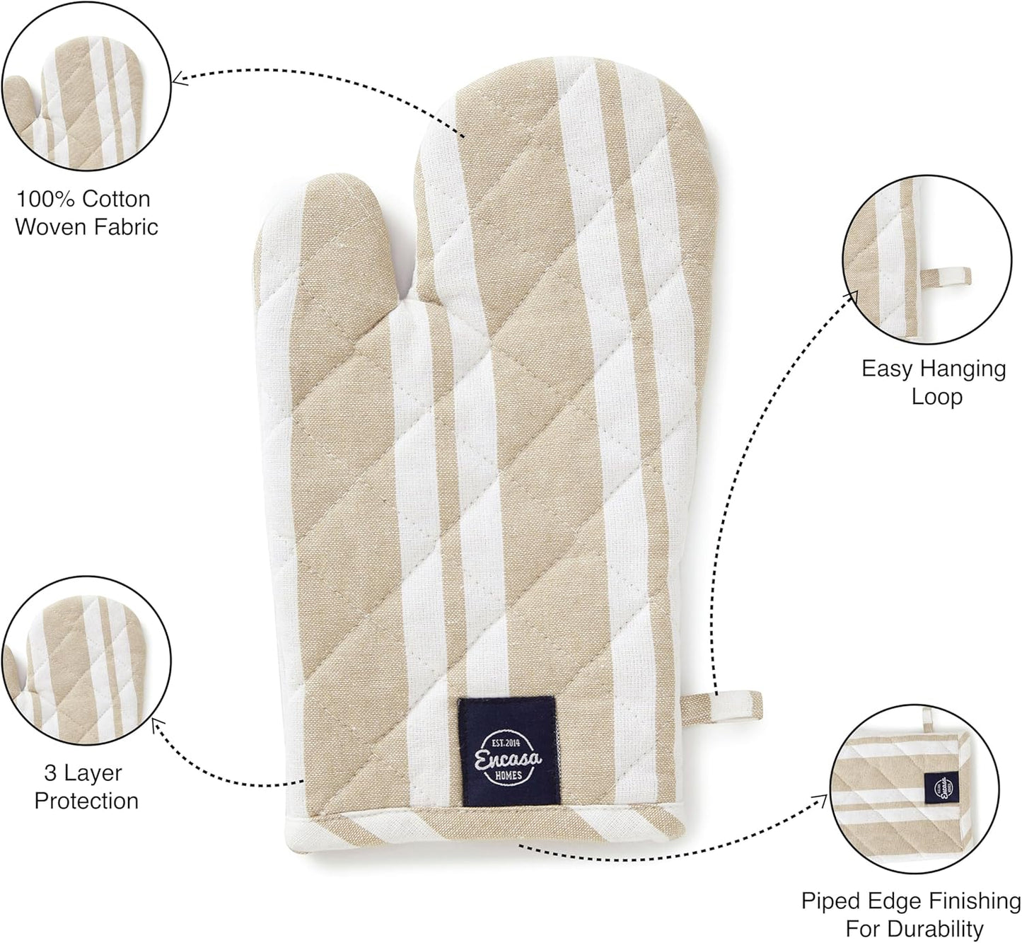 Encasa Homes Long 14 inch Oven Microwave Hand Gloves Mitts (2 pc Set) for Kitchen Cooking & Baking - Heat Resistant, Thick & Safe, Protection of Hands from Hot Utensils - Franca Beige Stripes