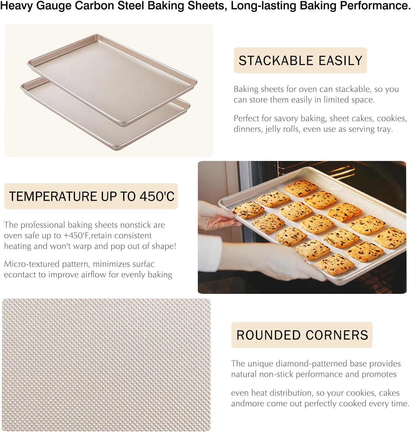 Baking Sheet Pan Set of 2, Cookie Sheets for Oven, Nonstick Half/Quarter/Jelly Roll Pans with Diamond Texture Pattern, 0.8mm Thick Heavy Duty Cookie Tray, Champagne Gold（17.5 * 11.8 * 1inch）