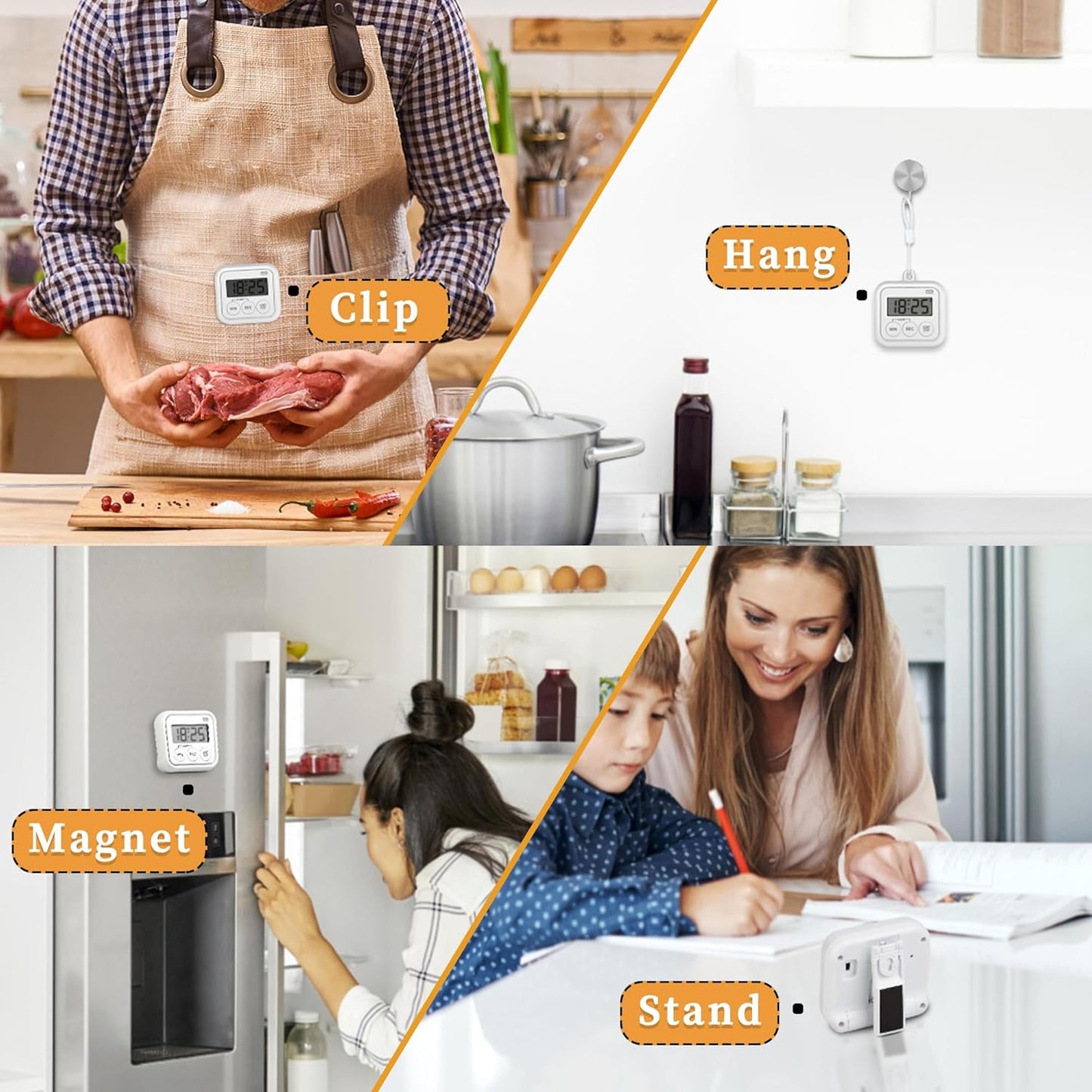 Timer, Kitchen Timers for Cooking Classroom Timer for Kids Teachers Digital Magnetic Timers 4 Pack, White