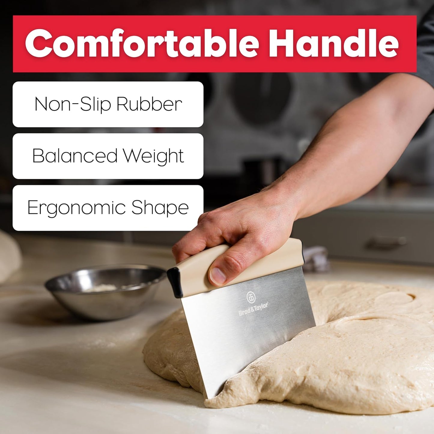 Brod & Taylor Bench Knife with 1" Markings and Non-Slip Rubber Handle, Dough Cutter for Home-Kitchen Baking (6" x 5.25" Surface), 100% Dishwasher Safe