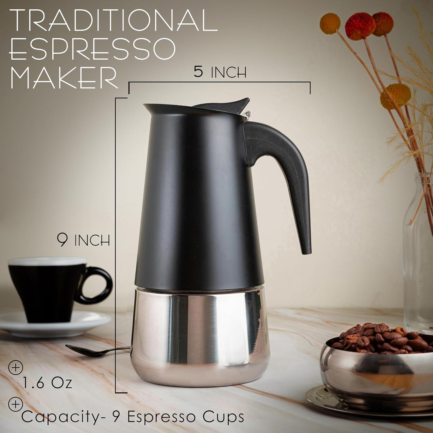 Mixpresso Black 9 Cup Greca Stovetop Espresso Pot 450ml/15oz, Moka Pot with Coffee Percolator Design, Stainless Steel Stove Top Coffee Maker for Camping or Home Use,Italian Stovetop Espresso Maker