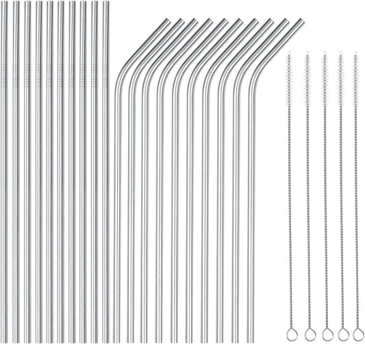 wholesale 25 Piece Set Stainless Steel Straws Ultra Long 10.5 Inch Drinking Metal Straws Reusable Drinking Straws for 20 30 OZ (10 Straight | 10 Bent | 5 Brushes)