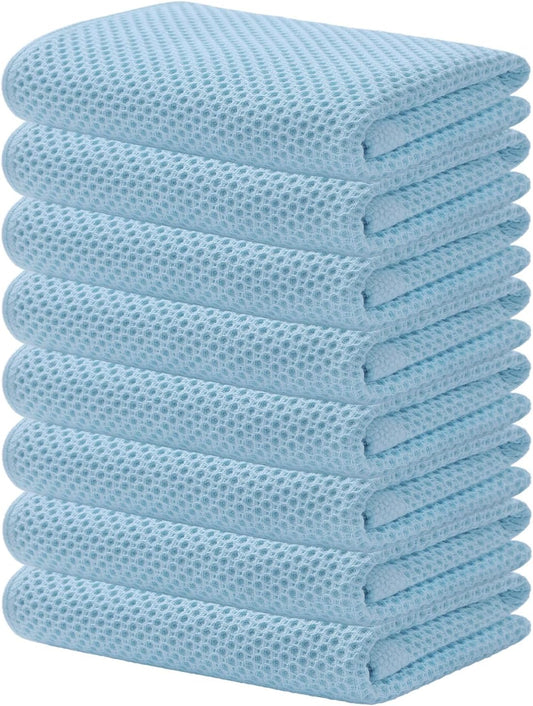 Kitinjoy 100% Cotton Waffle Weave Kitchen Towels (13 X 28 Inches, Sky Blue), 8-Pack Super Soft and Absorbent Dish Towels for Drying Dishes, Kitchen Hand Towels