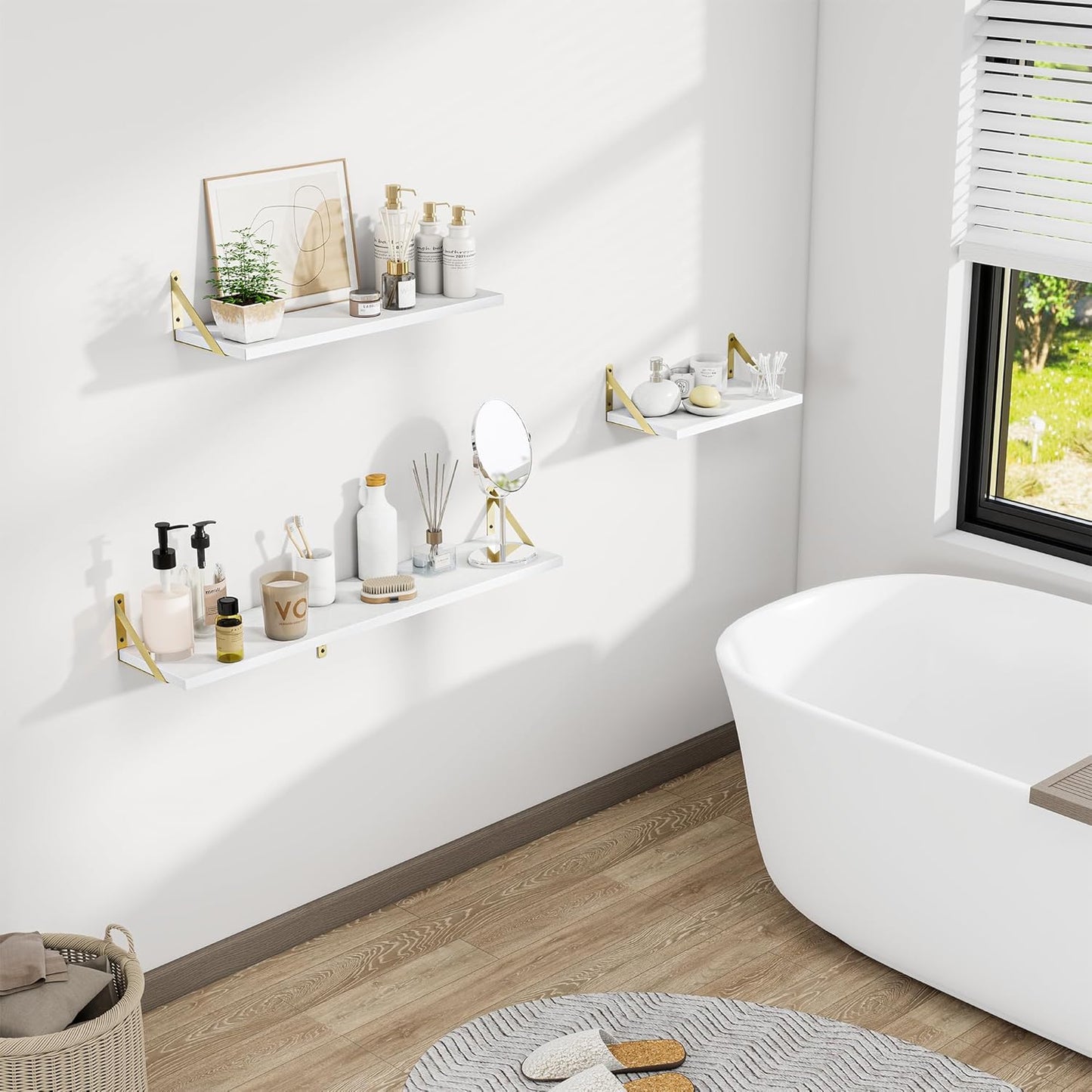 Deep Floating Shelves for Wall, 24W x 8D Wall Mounted Shelves Set of 2, Wide Display Ledge Shelf with Sturdy Metal Brackets for Living Room, Bathroom, Bedroom and Kitchen, White with Gold Brackets