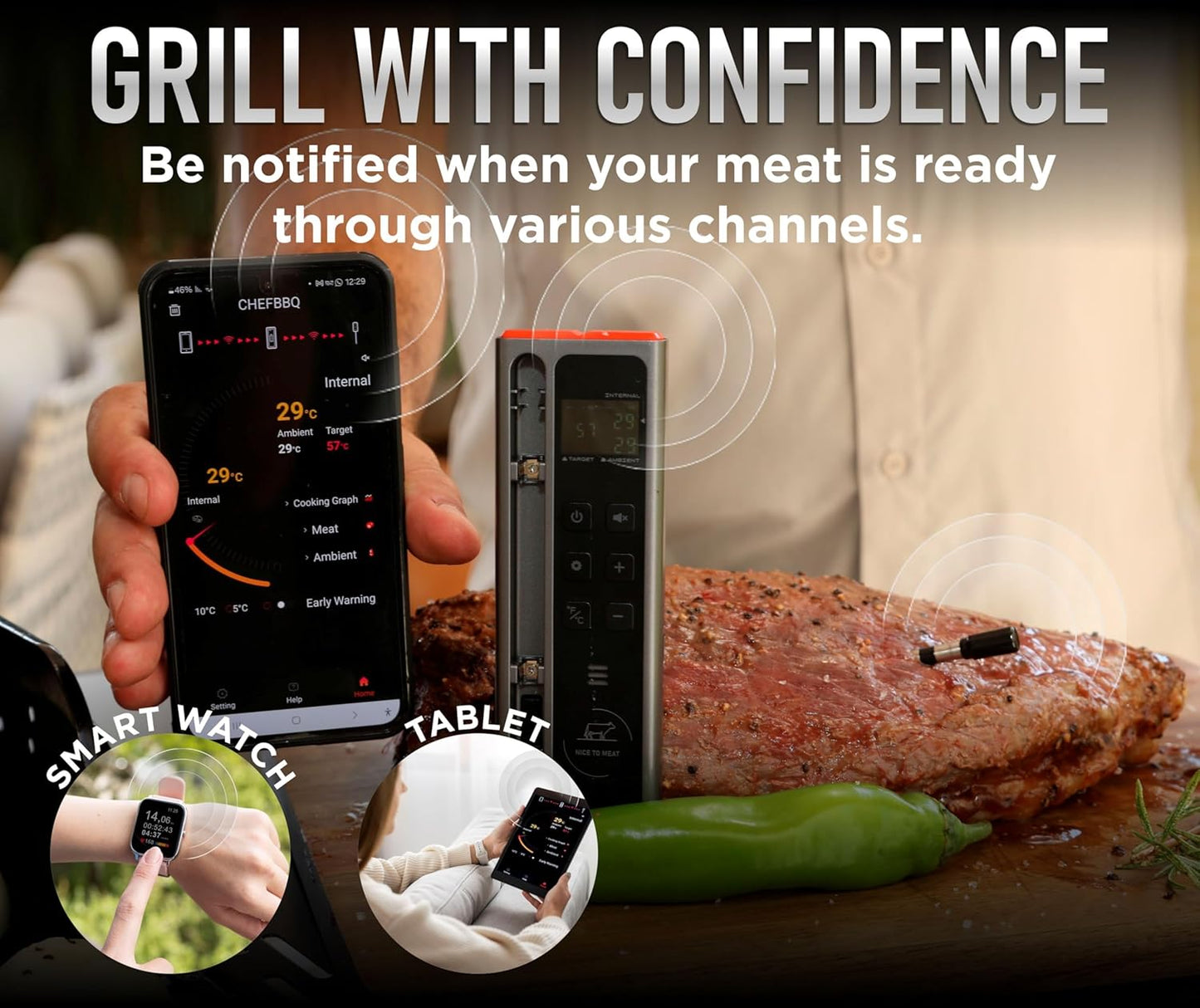 WiFi and Bluetooth Meat Thermometer Digital Wireless - Long Range Connection with Built-in Temperature Display, Meats Probe,Meat Thermometer for Grilling, Smoking, Cooking, BBQ Gift for Men