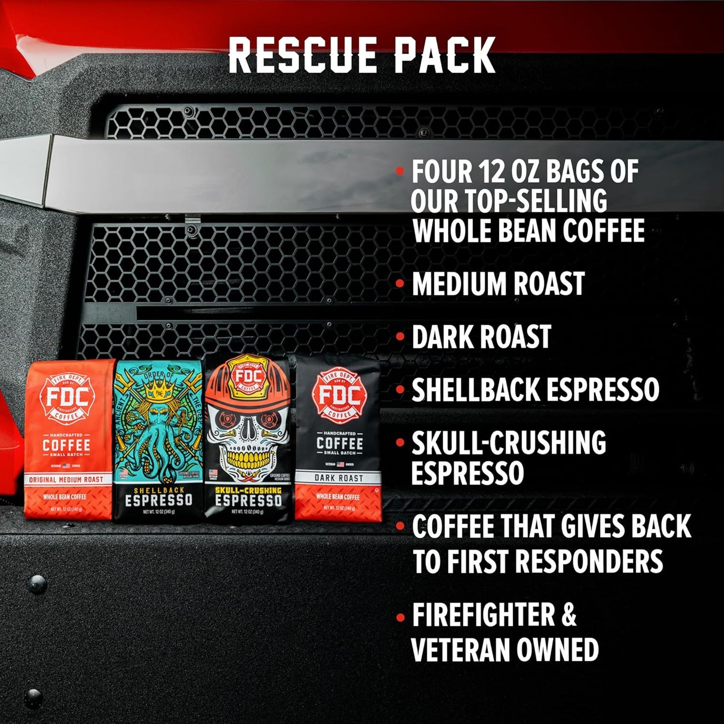 Fire Department Coffee - Gives Back to Firefighters - Rescue Variety Pack - Whole Bean Coffee - Medium, Dark, Shellback Espresso, & Skull Crushing Espresso Beans - Veteran Owned (12oz, Pack of 4)