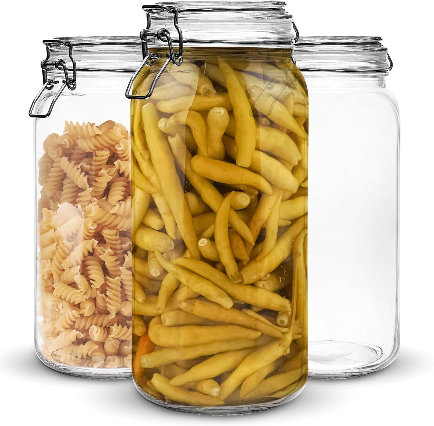 Set of 3 Glass Mason Jar 64 Ounces with Airtight Lid Large Jars With Stainless Steel Bail And Trigger Clamps