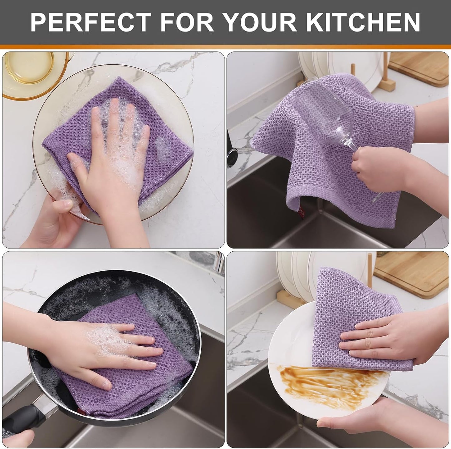 Kitinjoy 100% Cotton Kitchen Dish Cloths, 12 Pack Waffle Weave Ultra Soft Absorbent Dish Towels for Drying Dishes Quick Drying Kitchen Towels Dish Rags, 12 X 12 Inches, Lavender