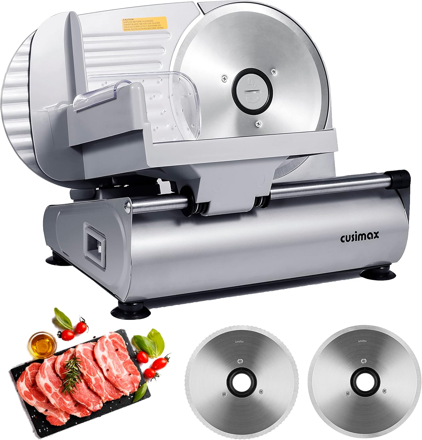 Meat Slicer, CUSIMAX Electric Deli Food Slicer with Two 7.5'Removable Stainless Steel Blades and Pusher, Cheese Fruit Vegetable Bread Cutter, Adjustable Knob for Thickness, Food Carriage