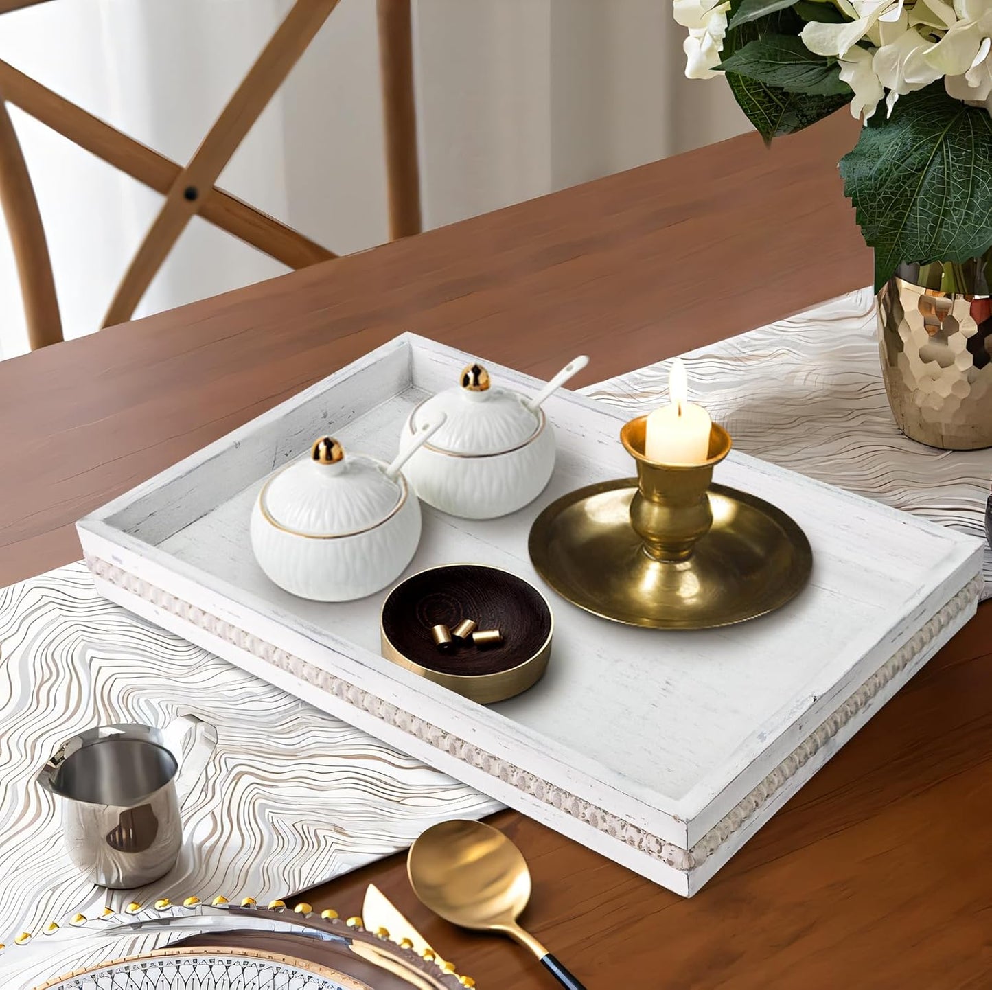 MAONAME Wood Serving Tray, Farmhouse Wooden Tray for Coffee Table, Rustic Rectangle Trays with Beads, Vintage White Decorative Trays for Living Room, Kitchen, 15.7" X 11.8" X 1.57"