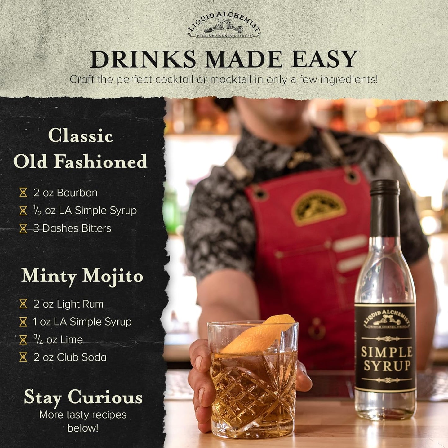 Liquid Alchemist Simple Syrup for Cocktails - Real Ingredients Make our Simple Sugar Syrup the Perfect Old Fashioned Mix - Our Drink Mix is Non-GMO Gluten Free & Vegan (12 oz)