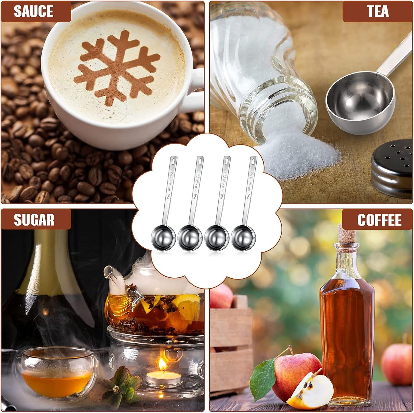 Geiserailie 4 Pieces 2 Tablespoon Scoops with Long Handle, 30 ml Stainless Steel Measuring Spoon for Coffee Milk Fruit Powder, Loose Tea Dry, Spice Jar, Cooking Baking, and Other Dry Goods