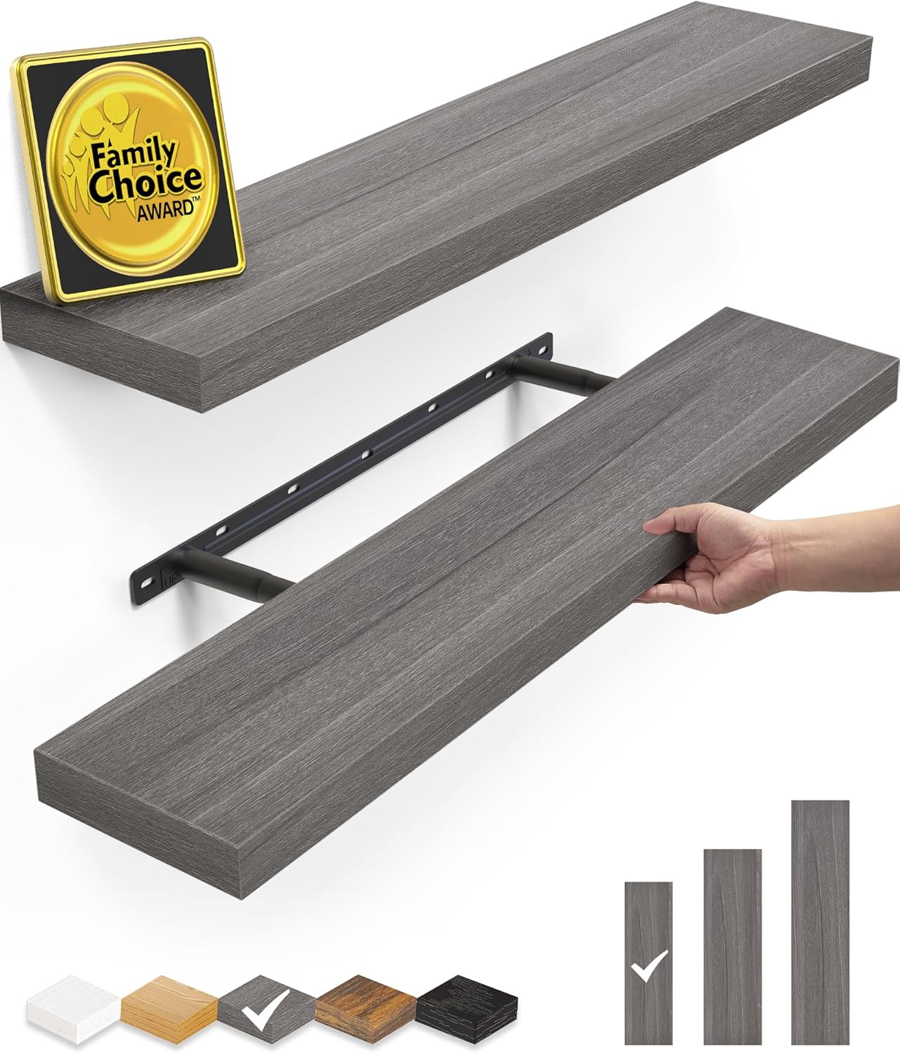 BAYKA Floating Shelves, 22.5" Rustic Wood Wall Mounted Shelves for Bathroom, Bedroom, Living Room, Kitchen, Hanging Shelf for Books/Storage/Decor (Grey,Set of 2)