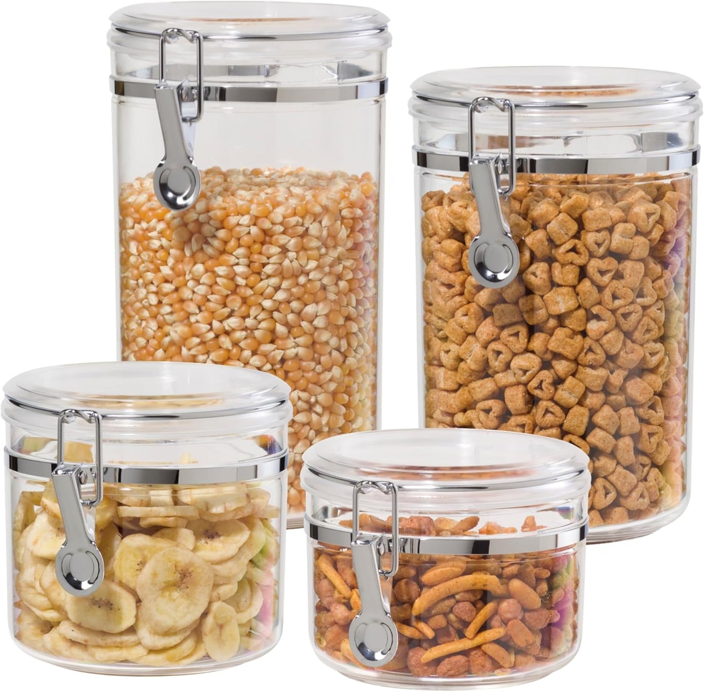 Oggi 4pc Clear Canister Set with Clamp Lids & Spoons - Airtight Food Storage Containers, Ideal for Kitchen & Pantry Storage of Bulk, Dry Food Including Flour, Sugar, Coffee, Rice, Tea, Spices & Herbs