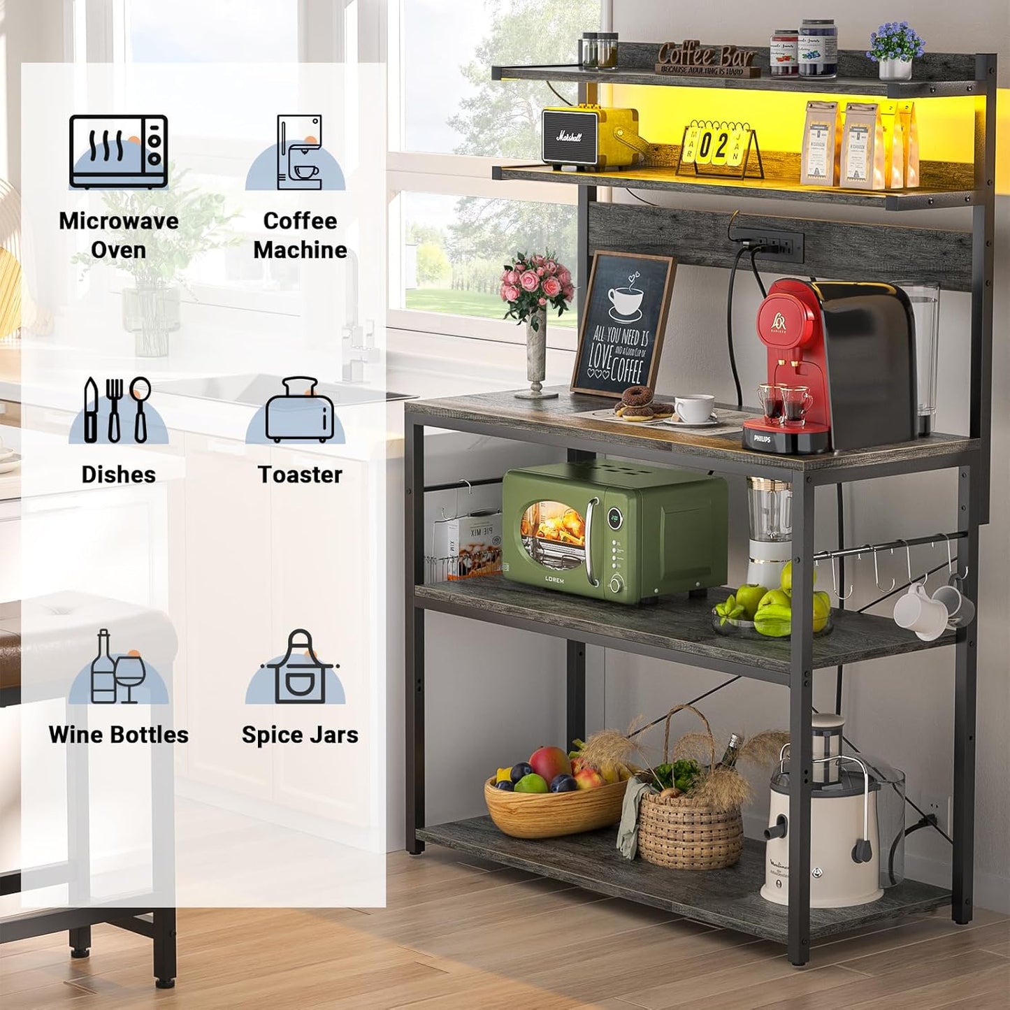 Aheaplus Bakers Rack with Power Outlet, Microwave Stand, 5 Tiers Coffee Bar Station with Led Lights, Kitchen Storage Shelf with 6 S-Shaped Hooks, Kitchen Rack Coffee Bar Stand, Grey Oak