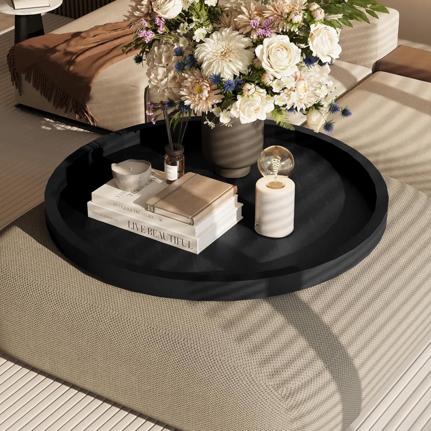 Round Ottoman Tray for Coffee Table Living Room Wood Serving Tray Large Wooden 20 Inches Black